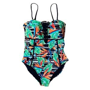 St John’s Bay Swimsuit Tropical One Piece Lace Up Plus 16